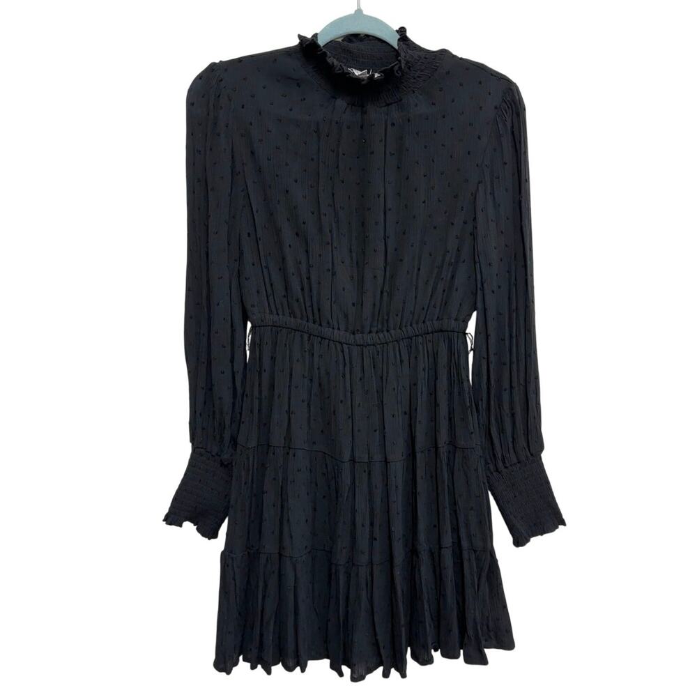 Baltic Born Black Swiss Dot Smocked Mock Neck Tiered Mini Dress Large Boho